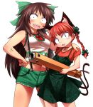  2girls adapted_costume animal_ears bow braid brown_hair casual cat_ears contemporary dress eyebrows_visible_through_hair green_bow green_dress green_shorts hand_on_another&#039;s_shoulder kaenbyou_rin long_hair looking_at_viewer multiple_girls multiple_tails open_fly red_hair reiuji_utsuho shimizu_pem shirt short_shorts shorts sleeveless sleeveless_shirt slit_pupils smile suspenders tail tank_top touhou twin_braids two_tails unbuttoned v-shaped_eyebrows white_background white_shirt 