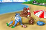  2008 3:2 anthro beach belly blue_body blue_fur bottomwear brown_body brown_fur canid canine clothing fur group kemono male mammal outside poisonkinoko seaside shorts sitting slightly_chubby suid suina sus_(pig) ursid water wild_boar 