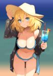  1girl beach bikini blonde_hair blue_eyes blue_hawaii breasts cleavage cocktail commentary cowboy_shot girls_und_panzer hat large_breasts leaning_forward long_hair looking_at_viewer oshida_(girls_und_panzer) smile solo standing swimsuit tan3charge tropical_drink white_bikini 