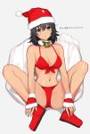  1girl andou_(girls_und_panzer) bell bell_collar bikini black_eyes black_hair breasts collar fingerless_gloves full_body fur_collar girls_und_panzer gloves grey_background hat medium_breasts navel red_bikini red_bikini_bottom red_bikini_top red_footwear red_gloves sack santa_hat simple_background sitting solo spread_legs swimsuit tan3charge translation_request 