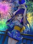  1girl armpits arms_up bangs blue_eyes blue_hair blue_kimono blue_sky blunt_bangs blunt_ends domino_mask dutch_angle fang fireworks hair_ornament highres holding holding_weapon inkling japanese_clothes kimono leg_up long_hair looking_at_viewer luna_blaster_(splatoon) mask night night_sky obi open_mouth outdoors paint_splatter railing sash short_kimono short_sleeves sky smile solo splatoon_(series) standing standing_on_one_leg star_(sky) starry_sky takeko_spla tentacle_hair weapon wide_sleeves 