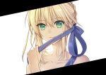  1girl artoria_pendragon_(all) artoria_pendragon_(swimsuit_archer) bangs bare_shoulders blonde_hair braid crown_braid eyebrows_visible_through_hair fate/grand_order fate_(series) fugounoshu green_eyes hair_between_eyes hair_ribbon holding holding_ribbon light_smile looking_at_viewer ribbon short_hair sidelocks simple_background solo upper_body white_background 