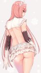  1girl ass back bangs blush breasts cocq_taichou crop_top elbow_gloves fate/grand_order fate_(series) gloves grin layered_gloves long_hair looking_at_viewer looking_back medb_(fate)_(all) medb_(fate/grand_order) miniskirt pink_hair shiny shiny_hair simple_background skirt smile snowflakes solo thighs tiara white_gloves white_skirt yellow_eyes 