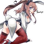  1girl alternate_costume animal_ears ass black_collar black_gloves black_leotard blue_eyes bow bowtie breasts brown_hair bunny_ears bunny_tail bunnysuit character_name collar commentary_request detached_collar fingerless_gloves gloves hair_between_eyes kantai_collection large_breasts leotard looking_at_viewer ponytail red_neckwear saratoga_(kantai_collection) side_ponytail sidelocks simple_background solo tail tailcoat thighhighs uzuki_kosuke white_background white_neckwear 
