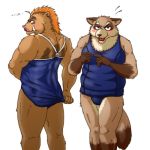  1:1 2008 anthro blush brown_body brown_fur bulge butt canid canine duo fur humanoid_hands japanese_text kemono male mammal poisonkinoko raccoon_dog simple_background slightly_chubby suid suina sus_(pig) tanuki text white_background wild_boar 