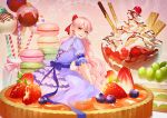  1girl back_bow bangs blueberry bow cake candy cherry dessert dress earrings food frills from_side fruit grapes hair_bow heart jewelry jeya_(leej3ya) long_hair looking_at_viewer macaron original pink_hair pocky purple_bow purple_dress purple_ribbon red_bow red_eyes ribbon short_sleeves smile solo strawberry sweets tart_(food) very_long_hair whipped_cream 