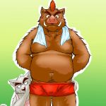  1:1 2009 anthro belly blush brown_body brown_fur bulge canid canine clothing duo fur kemono male mammal moobs navel overweight overweight_male poisonkinoko simple_background suid suina sus_(pig) towel underwear wild_boar 
