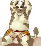  2012 anthro belly blush bovid bovine bulge cattle clothing kemono male mammal moobs navel nipples overweight overweight_male poisonkinoko simple_background solo underwear wet 