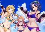  bikini blonde_hair blue_eyes blue_hair braids breasts choker cleavage clouds drink hachimiya_meguru idolmaster idolmaster_cinderella_girls kaori_hero long_hair necklace ninomiya_asuka orange_hair purple_eyes red_eyes short_hair sky sunglasses swimsuit toyokawa_fuuka 