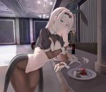  1girl an-94_(girls_frontline) animal_ears black_legwear blonde_hair blush bottle breasts bunny_ears bunnysuit cleavage crossed_arms girls_frontline green_eyes hairband highres jewelry long_hair looking_at_viewer meme_attire navel necktie open_clothes pantyhose pussy reverse_bunnysuit reverse_outfit ring ru_zhai small_breasts solo 