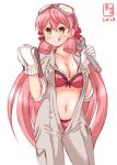  1girl akashi_(kantai_collection) artist_logo bra breasts cleavage clipboard commentary_request contrapposto cowboy_shot dated frilled_bra frills gloves goggles goggles_on_head green_eyes hair_ribbon highres jumpsuit kanon_(kurogane_knights) kantai_collection large_breasts long_hair navel open_clothes panties pink_hair polka_dot polka_dot_bra polka_dot_panties red_bra red_panties revision ribbon simple_background solo standing tongue tongue_out tress_ribbon underwear white_background wrench 