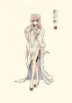  1girl arm_at_side bangs bare_legs bare_shoulders beige_background black_bow bow bow_footwear china_dress chinese_clothes closed_mouth coat crossed_legs dress fate_(series) full_body fur_coat high_heels highres long_dress long_hair looking_at_viewer pink_hair side_slit silver_eyes simple_background sleeveless sleeveless_dress smile solo standing tiara very_long_hair watson_cross white_coat white_dress white_footwear zerocastle 