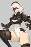  1girl ass black_blindfold black_dress black_gloves black_hairband black_legwear blindfold boots breasts cameltoe commentary_request dress feather-trimmed_sleeves gloves grey_background hairband highres juliet_sleeves large_breasts leotard long_sleeves mole mole_under_mouth nier_(series) nier_automata puffy_sleeves short_hair silver_hair simple_background solo thighhighs thighhighs_under_boots tsuki_suigetsu white_leotard yorha_no._2_type_b 