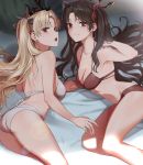  2girls ass bangs bed_sheet black_bra black_panties black_ribbon blonde_hair blurry blurry_background bra breasts commentary depth_of_field earrings ereshkigal_(fate/grand_order) eyebrows_behind_hair fate/grand_order fate_(series) hair_ribbon hoop_earrings hyury ishtar_(fate)_(all) ishtar_(fate/grand_order) jewelry light_particles long_hair looking_at_viewer lying midriff multiple_girls on_side open_mouth panties parted_bangs red_eyes ribbon small_breasts smile two_side_up underwear underwear_only very_long_hair white_bra white_panties 
