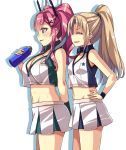  2girls azur_lane bangs blonde_hair bottle breasts bremerton_(azur_lane) bremerton_(scorching-hot_training)_(azur_lane) cleveland_(azur_lane) commentary_request cowboy_shot crop_top crop_top_overhang hair_intakes hand_on_hip highres holding holding_bottle large_breasts long_hair macaroni_hourensou multiple_girls navel pink_eyes pink_hair pleated_skirt ponytail shaded_face shirt simple_background skirt sleeveless sleeveless_shirt sportswear standing sweatband tennis_uniform twintails two-tone_shirt two-tone_skirt water_bottle white_background white_shirt white_skirt wristband 