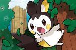  blue_sky brown_eyes commentary creature day emolga english_commentary eo_kanako full_body gen_5_pokemon multiple_sources no_humans official_art open_mouth outdoors pokemon pokemon_(creature) pokemon_trading_card_game sky solo third-party_source tree 