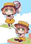  1girl :&gt; absurdres black_legwear blush bow brown_hair butterfly_net chibi closed_mouth doubutsu_no_mori eyebrows_visible_through_hair green_eyes hand_net hat hat_bow hat_ribbon highres holding holding_butterfly_net honma_himawari looking_at_viewer looking_away nana_(nana_yume87) nijisanji red_bow red_ribbon ribbon short_hair sitting smile standing thighhighs tongue tongue_out virtual_youtuber 