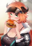  1girl ahoge arknights bandeau bangs black_jacket blurry blurry_background blush breasts camisole cleavage clothes_writing commentary_request croissant_(arknights) eating food fur-trimmed_jacket fur_trim green_eyes hamburger hands_up highres holding holding_food horns jacket large_breasts leng_xiao long_hair looking_at_viewer orange_hair partial_commentary penguin_logistics_logo solo spaghetti_strap upper_body visor_cap 