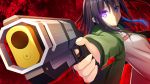  1girl apex_legends bangs black_hair character_request commentary_request copyright_request eyebrows_visible_through_hair green_jacket gun hair_between_eyes highres holding holding_gun holding_weapon iwamoto_sora jacket long_hair looking_at_viewer open_clothes open_jacket outstretched_arm pose purple_eyes red_background shadow shirt sidelocks solo titanfall titanfall_2 virtual_youtuber weapon white_shirt 