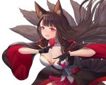  1girl :d akagi_(azur_lane) animal_ears azur_lane bangs black_gloves blunt_bangs blush breasts brown_hair cleavage eyebrows_visible_through_hair floating_hair fox_ears fox_girl fox_tail gloves highres holding japanese_clothes jiantai kimono large_breasts long_hair looking_at_viewer open_mouth partly_fingerless_gloves red_eyes red_skirt short_kimono simple_background skirt smile solo tail white_background wide_sleeves 