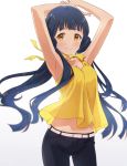  1girl armpits arms_on_head arms_up bangs bare_arms belt belt_buckle black_hair black_pants blunt_bangs blush breasts buckle cleavage eyebrows_visible_through_hair highres idolmaster idolmaster_million_live! kitakami_reika long_hair looking_at_viewer medium_breasts pants shirt simple_background sleeveless smile solo twintails user_xswt8747 white_background yellow_eyes yellow_shirt 