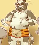  2012 anthro belly blush bovid bovine bulge cattle clothing fur humanoid_hands kemono male mammal moobs navel nipples overweight overweight_male poisonkinoko solo underwear white_body white_fur 