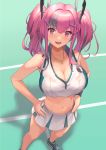  1girl :d armpits azur_lane bare_arms bare_shoulders breasts bremerton_(azur_lane) bremerton_(scorching-hot_training)_(azur_lane) cleavage collared_shirt crop_top from_above hair_ornament hairclip hands_on_hips jewelry large_breasts long_hair looking_at_viewer midriff miniskirt mokyumokyuchan multicolored_hair navel necklace open_mouth pink_eyes pink_hair pleated_skirt shadow shirt shoes skirt sleeveless sleeveless_shirt smile sneakers solo sportswear standing stomach sweat tennis_uniform twintails two-tone_hair wet wet_clothes wet_shirt white_shirt white_skirt x_hair_ornament 