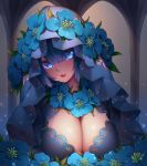  1girl absurdres bangs blue_dress blue_eyes blue_flower blue_hair blue_theme blush breasts cleavage column dress flower flower_necklace head_tilt highres jewelry large_breasts light_trail lips looking_at_viewer naidong necklace original parted_lips pillar shiny shiny_skin short_hair smile solo sparkle tareme upper_body veil water_drop yin-ting_tian 