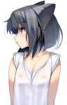  1girl animal_ears bangs black_hair blue_eyes breasts cat_ears eyebrows_visible_through_hair flat_chest highres looking_to_the_side masao nipples original profile see-through shirt short_hair small_breasts solo t-shirt white_background 