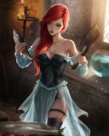  1girl ariel_(disney) bare_shoulders black_legwear blondynkitezgraja blue_dress blue_eyes blurry blush breasts candle candlelight candlestand cleavage collarbone cowboy_shot cutting_board depth_of_field dress english_commentary fish fish_tank frills garter_straps highres holding holding_fish holding_knife indoors kitchen_knife knife long_hair long_sleeves looking_away medium_breasts off-shoulder_dress off_shoulder parted_lips red_hair red_lips see-through side_slit signature skindentation solo the_little_mermaid thigh_strap thighhighs wall watermark web_address window 