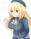  1girl arms_behind_back ascot atago_(kantai_collection) beret blonde_hair blue_headwear breasts hat kantai_collection large_breasts long_hair looking_at_viewer military military_uniform sakamoto_yuuki simple_background smile solo uniform upper_body white_background white_neckwear 