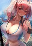  1girl amane_ruri azur_lane bare_shoulders breasts bremerton_(azur_lane) bremerton_(scorching-hot_training)_(azur_lane) cleavage collarbone crop_top grey_hair hair_between_eyes hair_ornament hairclip highres large_breasts multicolored_hair pink_eyes pink_hair sportswear stomach streaked_hair tennis_uniform two-tone_hair two-tone_shirt x_hair_ornament 