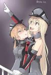  2girls :d ahenn bare_shoulders bismarck_(kantai_collection) blonde_hair blue_eyes commentary_request detached_sleeves eyebrows_visible_through_hair gloves hair_between_eyes hat kantai_collection long_hair long_sleeves low_twintails military military_uniform multiple_girls open_mouth peaked_cap pointing pointing_up prinz_eugen_(kantai_collection) smile twintails twitter_username uniform upper_body white_gloves 