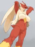  2020 absurd_res anthro avian bird blaziken blue_eyes blush breasts feathers featureless_breasts female hands_behind_head hi_res kame_3 looking_at_viewer nintendo non-mammal_breasts open_mouth pok&eacute;mon pok&eacute;mon_(species) pok&eacute;morph red_body red_feathers signature simple_background solo video_games yellow_body yellow_feathers yellow_sclera 