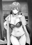  1girl bangs blush bra breasts cleavage collarbone collared_shirt cowboy_shot curvy dress_shirt eyebrows_visible_through_hair female_pervert gentsuki greyscale highres large_breasts lingerie long_hair looking_at_viewer monochrome navel open_clothes open_shirt opening_door original outdoors panties parted_lips pervert pov pov_doorway power_lines shirt side-tie_bottom side-tie_panties sidelocks standing thighs underwear 