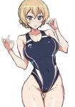  1girl blonde_hair blue_eyes blue_swimsuit braid breasts competition_swimsuit covered_navel darjeeling_(girls_und_panzer) girls_und_panzer highleg highleg_swimsuit highres large_breasts looking_at_viewer mordeth one-piece_swimsuit shiny shiny_hair shiny_skin short_hair simple_background solo standing swimsuit twin_braids wet white_background 