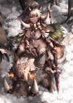  1girl absurdres black_skin breasts brown_eyes cleavage eyebrows_visible_through_hair glowing glowing_eyes highres large_breasts long_hair looking_away messy_hair native_american navel original outdoors polearm snow snowing solo spear thick_thighs thighs very_long_hair weapon white_hair yin-ting_tian 