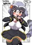  1girl alternate_costume animal_ears black_jacket black_legwear black_neckwear black_skirt blue_hair blush bow bowtie brown_eyes center_frills commentary_request common_raccoon_(kemono_friends) cowboy_shot eyebrows_visible_through_hair fang flower grey_hair hair_between_eyes hair_flower hair_ornament hand_on_own_chest highres idol jacket kemono_friends long_sleeves microphone multicolored_hair ngetyan open_mouth pleated_skirt raccoon_ears raccoon_girl raccoon_tail shirt short_hair skirt solo tail thighhighs white_hair white_shirt zettai_ryouiki 