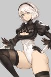  1girl ass black_dress black_gloves black_hairband black_legwear blue_eyes boots breasts cameltoe commentary_request dress eyebrows_visible_through_hair feather-trimmed_sleeves gloves grey_background hairband highres juliet_sleeves large_breasts leotard long_sleeves mole mole_under_mouth nier_(series) nier_automata parted_lips puffy_sleeves short_hair silver_hair simple_background solo thighhighs thighhighs_under_boots tsuki_suigetsu white_leotard yorha_no._2_type_b 