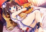  1girl :d ankle_cuffs ass bangs bare_shoulders barefoot bed_sheet blue_eyes blush brown_hair commentary_request dress eyebrows_visible_through_hair feet_out_of_frame floral_print gurasion_(gurasion) hair_rings hand_up hinatsuru_ai indoors looking_at_viewer lying on_bed on_side open_mouth pillow print_dress ryuuou_no_oshigoto! sleeveless sleeveless_dress smile solo white_dress wrist_cuffs 