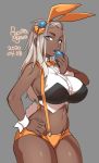  1girl 2020 agawa_ryou animal_ears artist_name bare_shoulders blue_eyes breasts bunny_ears bunny_tail commentary dated easter_egg egg egg_hair_ornament food_themed_hair_ornament grey_background hair_ornament hand_on_hip large_breasts lips long_hair looking_at_viewer navel orange_shorts original parted_lips short_shorts shorts signature silver_hair simple_background solo suspenders tail thick_thighs thighs 