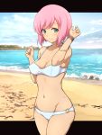  1girl beach blush breasts cleavage closed_mouth estellise_sidos_heurassein green_eyes kiikii_(kitsukedokoro) looking_at_viewer pink_hair short_hair smile solo swimsuit tales_of_(series) tales_of_vesperia 