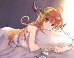  1girl ahoge amane_kanata bed_sheet blonde_hair bow breasts character_doll closed_mouth commentary_request dragon_horns eyebrows_visible_through_hair fang hololive horn_bow horns kiryuu_coco large_breasts looking_at_viewer lying multicolored_hair ohkuro_marimo on_stomach orange_hair pillow pointy_ears red_eyes skin_fang streaked_hair striped striped_bow virtual_youtuber 