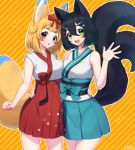  2girls :d :o ^_^ absurdres animal_ears arm_around_waist asymmetrical_docking bangs black_hair blonde_hair blue_bow blue_hair blue_hakama blush bow breast_press breasts cat_ears cat_girl cat_tail character_request closed_eyes commentary_request copyright_name cowboy_shot diagonal_stripes fish_hair_ornament fox_ears fox_girl fox_tail green_eyes hair_between_eyes hair_ornament hair_ribbon hairclip hakama highres japanese_clothes kimono looking_at_viewer medium_breasts multicolored_hair multiple_girls multiple_tails obi open_mouth orange_background red_eyes red_hakama red_ribbon ribbon sakura_chiyo_(konachi000) sash signature sleeveless sleeveless_kimono smile streaked_hair striped striped_background tail tareme two_tails virtual_youtuber waving yamano_kayo 