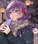  1girl bangs black_jacket blurry blurry_background brown_scarf cellphone enpera fate/stay_night fate_(series) from_side hair_between_eyes hair_ribbon highres holding holding_phone jacket lamppost long_hair long_sleeves matou_sakura night outdoors parted_lips phone plaid plaid_scarf purple_hair red_ribbon red_sweater ribbon scarf shimatori_(sanyyyy) shiny shiny_hair snow snowing solo sweater upper_body winter 