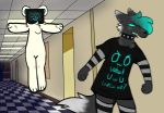  acedetrap anthro arttrade black_body black_fur blue_hair canid canine canis chibi clothing duo fluffy fur girly hair hoodie humor lgbt_pride male mammal meme neffiie panties rainbow running sam smolsobug solo thicccbyte thick_thighs tired topwear tpose underwear ursid wolf 