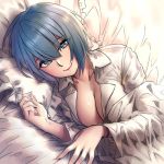  1girl blue_eyes blue_hair blush breasts cleavage closed_mouth collarbone collared_shirt eyebrows_visible_through_hair hair_between_eyes highres large_breasts looking_at_viewer lying naidong on_side original shirt short_hair smile solo white_shirt yin-ting_tian 