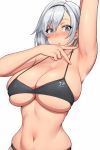  1girl arm_up armpit_stubble armpits azur_lane black_bra black_hairband blue_eyes blush bra breasts commentary curvy earrings eyebrows_visible_through_hair hairband highres huge_breasts jewelry looking_at_viewer lvl_(sentrythe2310) navel parted_hair reno_(azur_lane) short_hair simple_background solo spread_armpit underboob underwear underwear_only white_background 