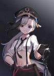  1girl absurdres asymmetrical_bangs azur_lane bangs belt_pouch black_background black_gloves black_hair black_headwear black_neckwear black_shorts blue_eyes breasts collared_shirt commentary cropped_shirt cuffs eir eyelashes glint gloves grin hand_on_hip handcuffs hat highres long_hair looking_at_viewer midriff military_hat minsk_(azur_lane) minsk_(thunderous_jailor)_(azur_lane) multicolored_hair navel necktie peaked_cap ponytail pouch shirt shorts silver_hair simple_background small_breasts smile solo suspender_shorts suspenders two-tone_hair white_shirt wing_collar 