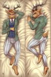  anthro antlers azelyn beastars black_nose bottomwear brown_body brown_eyes brown_fur butt cervid cervine clothed clothing dakimakura_design feet fully_clothed fur hi_res horn humanoid_feet jacket looking_at_viewer louis_(beastars) lying male mammal neck_tuft necktie on_back on_side pants short_tail solo tattoo topwear tuft 
